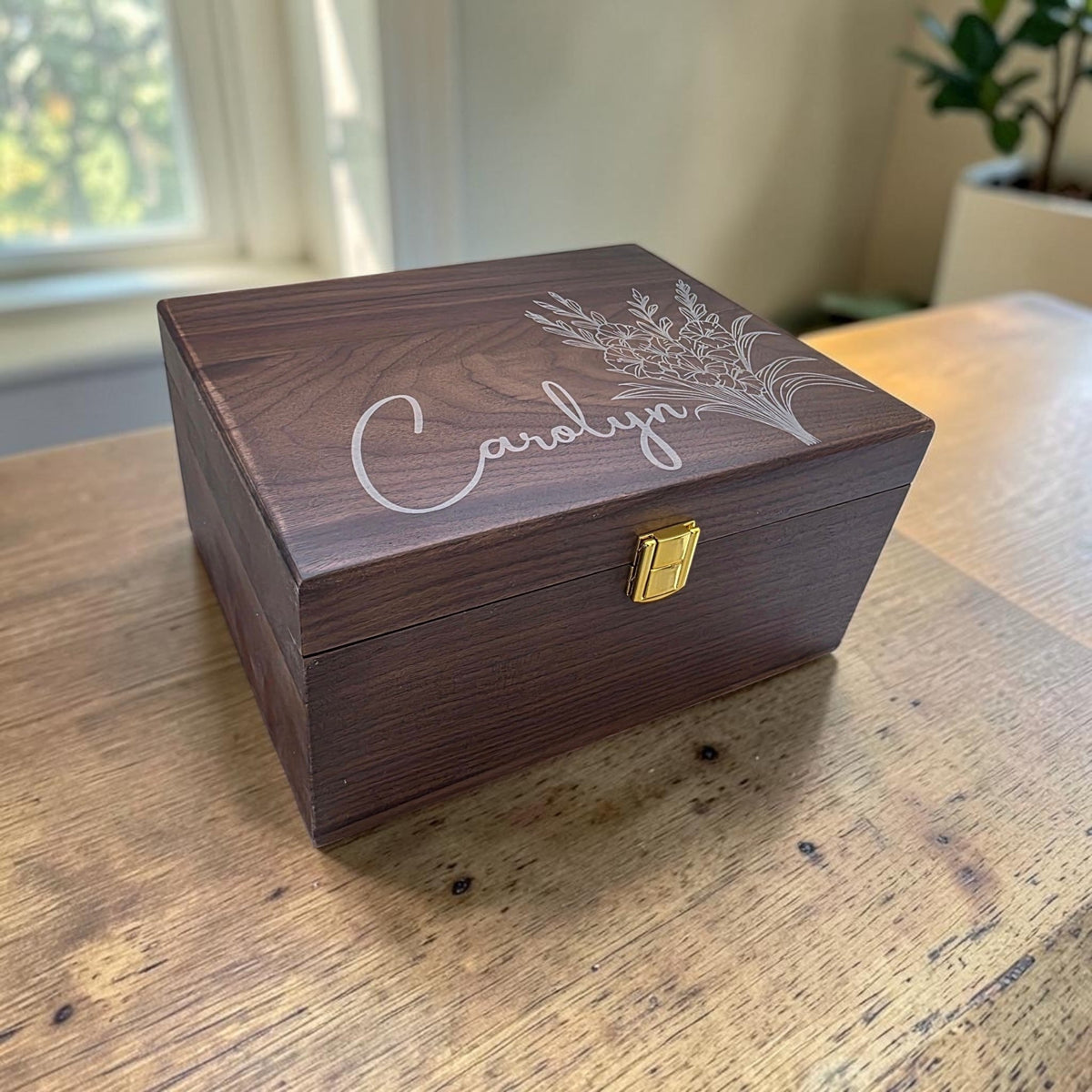 Newfashioned Relics personalized dark wood keepsake box with engraved name Carolyn and floral design on the lid.