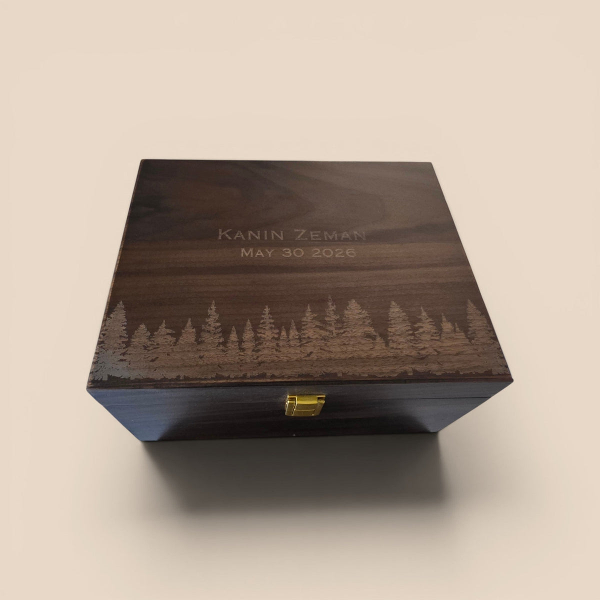 Newfashioned Relics personalized dark walnut wooden cat memorial keepsake box with engraved forest and pet details.