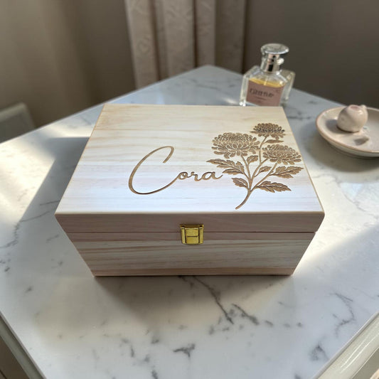 Personalized Birth Flower Bouquet Keepsake Box – Wooden Memory Box