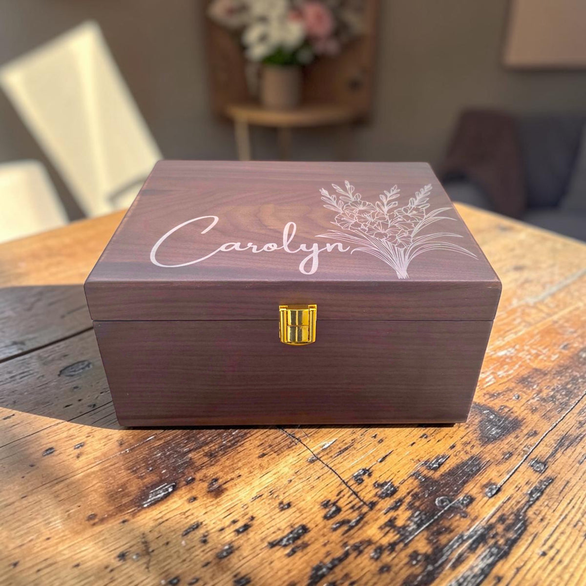 Personalized Birth Flower Bouquet Keepsake Box – Wooden Memory Box