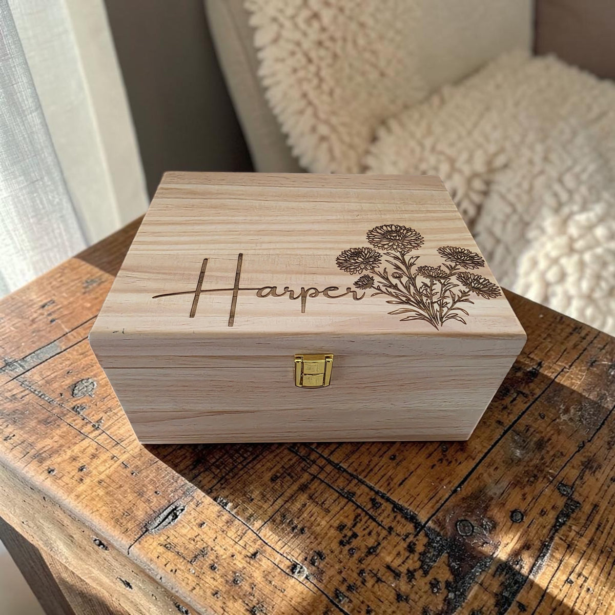 Personalized Birth Flower Bouquet Keepsake Box – Wooden Memory Box