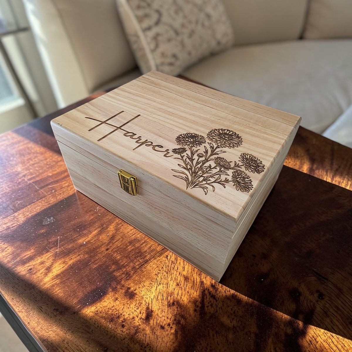 Personalized Birth Flower Bouquet Keepsake Box – Wooden Memory Box