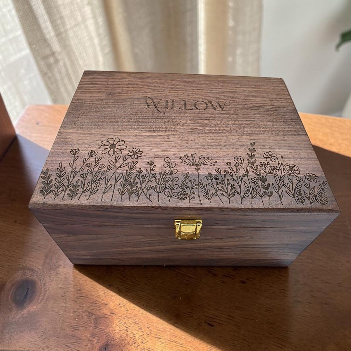 Personalized WildFlower Engraved Keepsake Wooden Storage Box