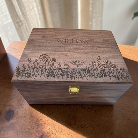 Personalized WildFlower Engraved Keepsake Wooden Storage Box