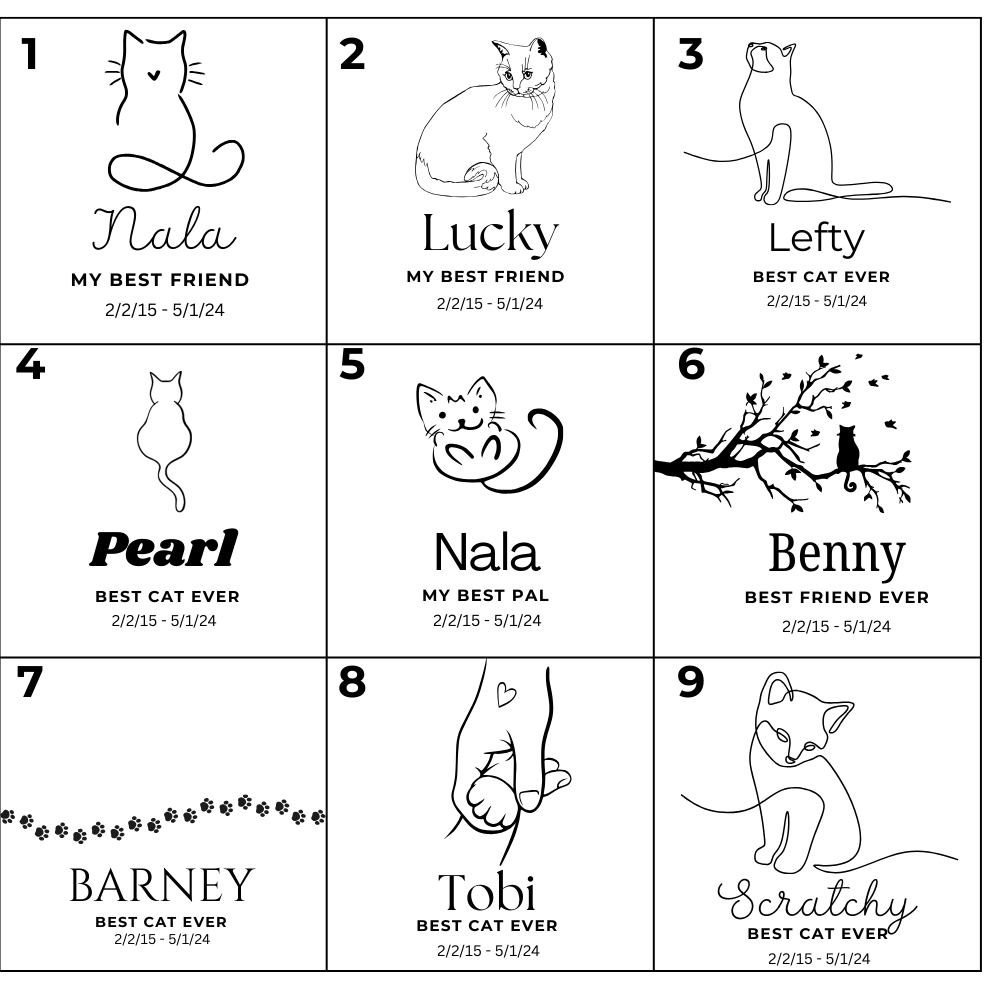 Newfashioned Relics personalized cat memorial keepsake box engraving options featuring custom names and cat art