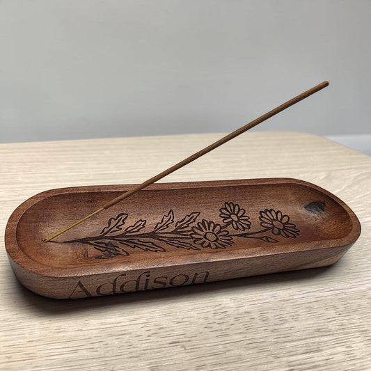 Newfashioned Relics personalized acacia wood incense holder with engraved birth flower and custom name Addison