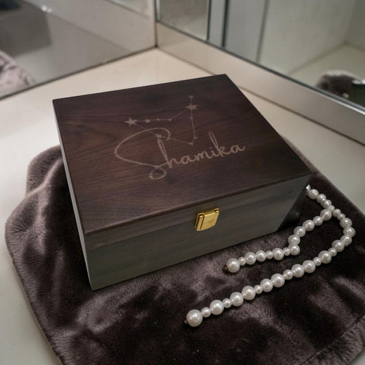 Newfashioned Relics personalized dark walnut wooden keepsake box with engraved zodiac constellation and name Shamika