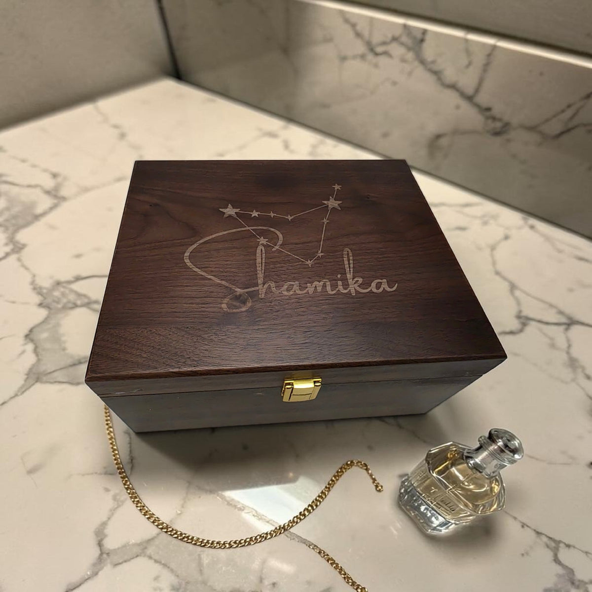 Newfashioned Relics personalized dark walnut wooden keepsake box with engraved zodiac constellation and name Shamika
