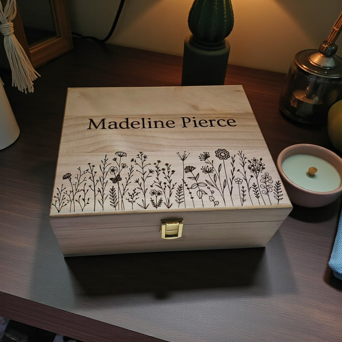 Newfashioned Relics personalized wooden keepsake box with engraved wildflower design and custom name on pine wood