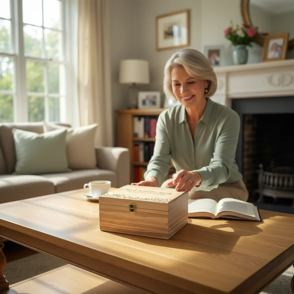 Newfashioned Relics custom engraved wooden memory box on a living room table with a smiling woman in the background