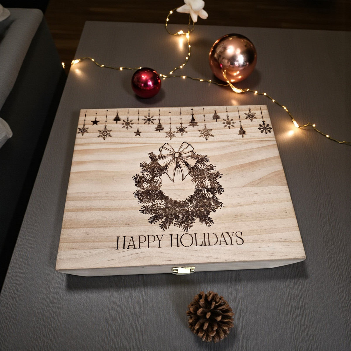 Newfashioned Relics personalized wooden Christmas Eve keepsake box with engraved wreath and Happy Holidays text