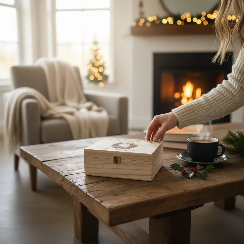 Newfashioned Relics personalized wooden Christmas Eve keepsake box on a rustic coffee table by a cozy fireplace.