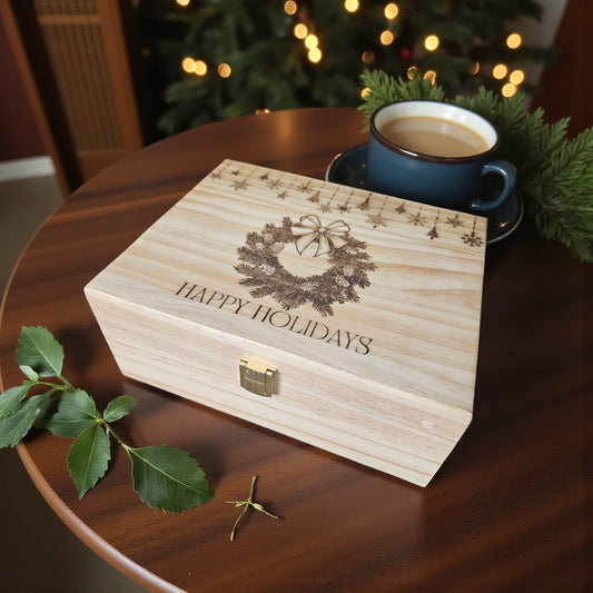 Newfashioned Relics personalized wooden Christmas Eve keepsake box with engraved wreath and Happy Holidays text