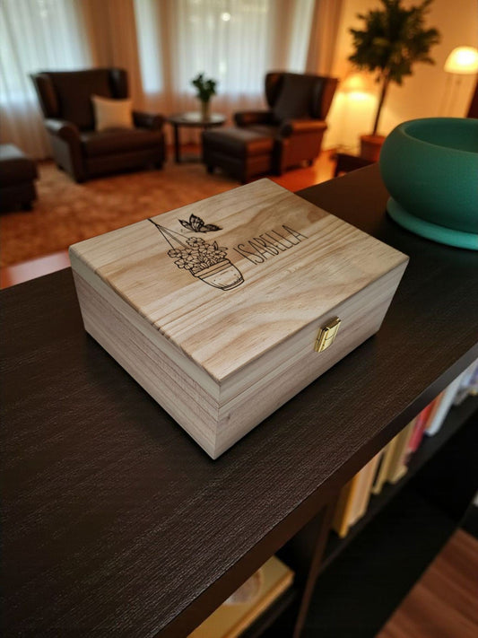 Newfashioned Relics personalized wooden keepsake box with engraved butterfly and flower pot design on the lid
