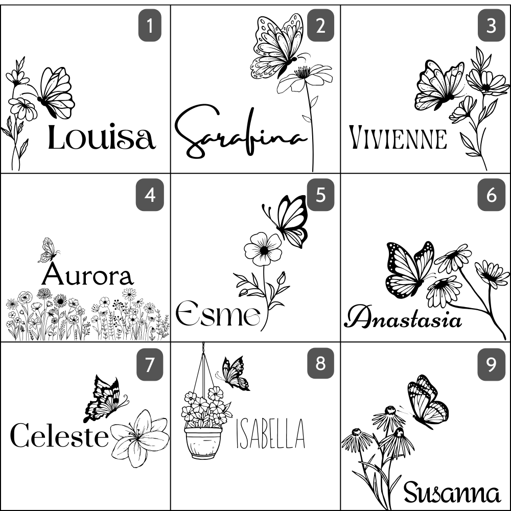 Newfashioned Relics personalized wooden keepsake box with custom engraved butterfly and floral name designs