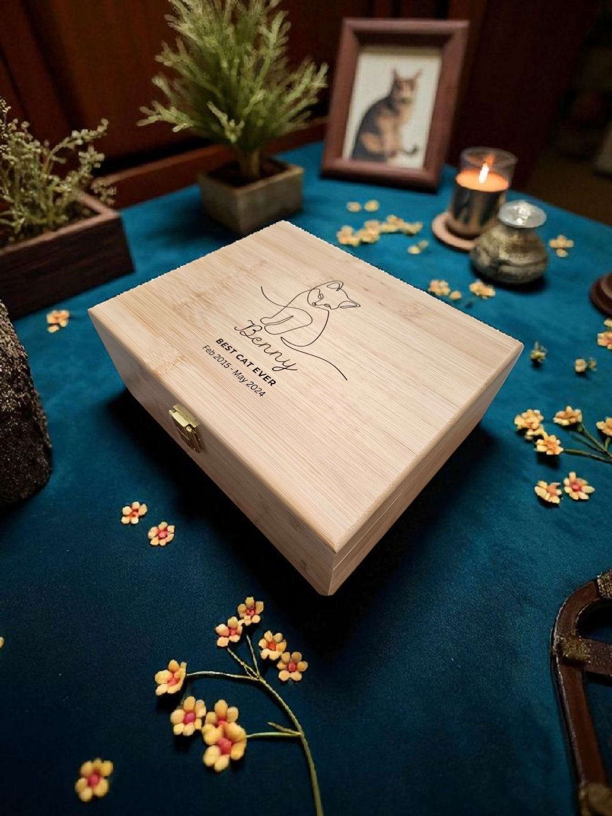 Newfashioned Relics personalized wooden cat memorial keepsake box with engraved cat illustration and pet name.