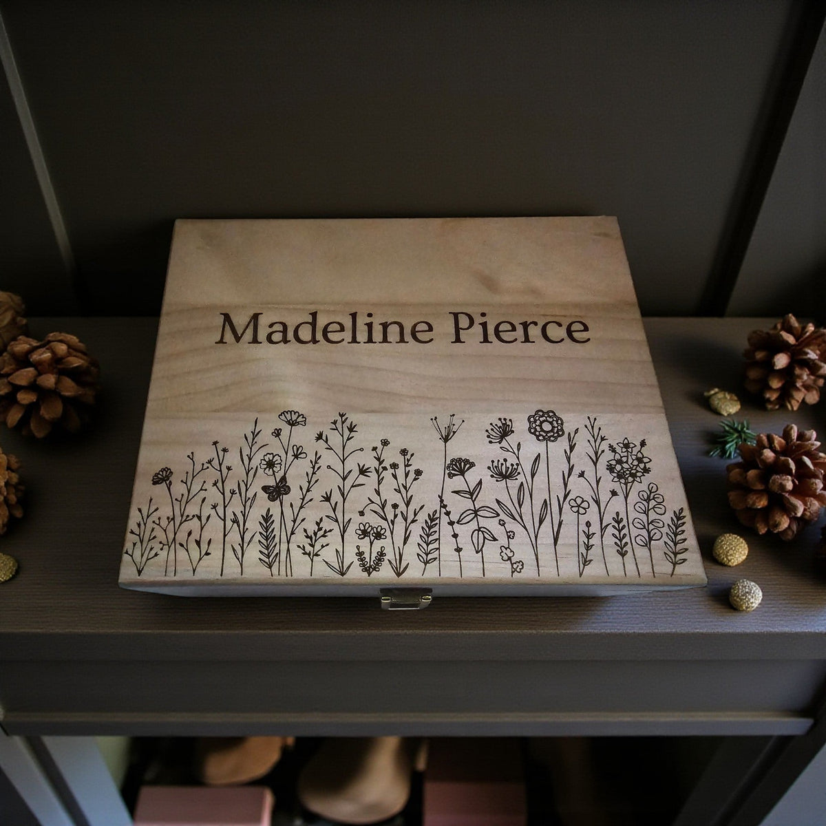 Newfashioned Relics personalized wooden keepsake box with engraved wildflower design and custom name on pine wood.