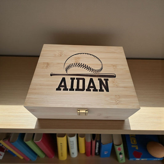 Newfashioned Relics personalized wooden keepsake box for boys with a baseball and bat engraving and the name Aidan.