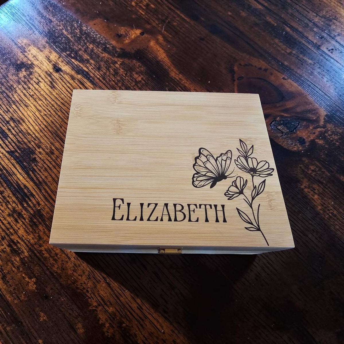 Newfashioned Relics personalized wooden keepsake box with engraved butterfly and floral design and name Elizabeth