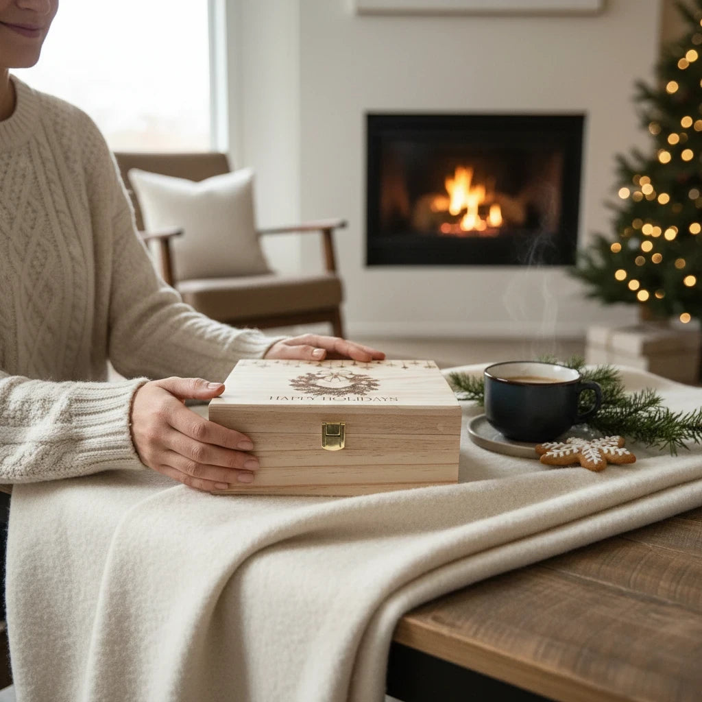 Newfashioned Relics personalized wooden Christmas Eve keepsake box with engraved wreath design on a cozy holiday table
