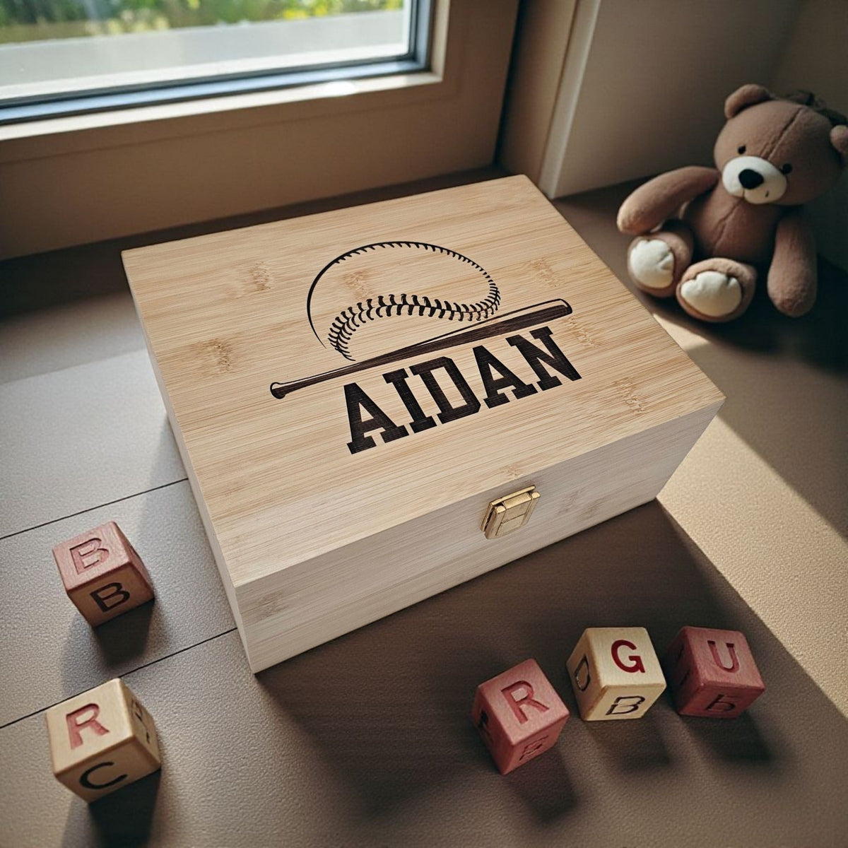 Newfashioned Relics personalized wooden keepsake box for boys featuring a baseball and bat engraving with the name Aidan