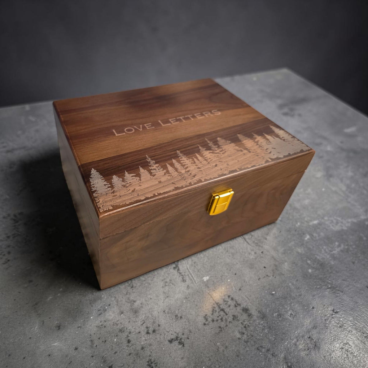 Newfashioned Relics personalized walnut wooden keepsake box with engraved forest scene and Love Letters text