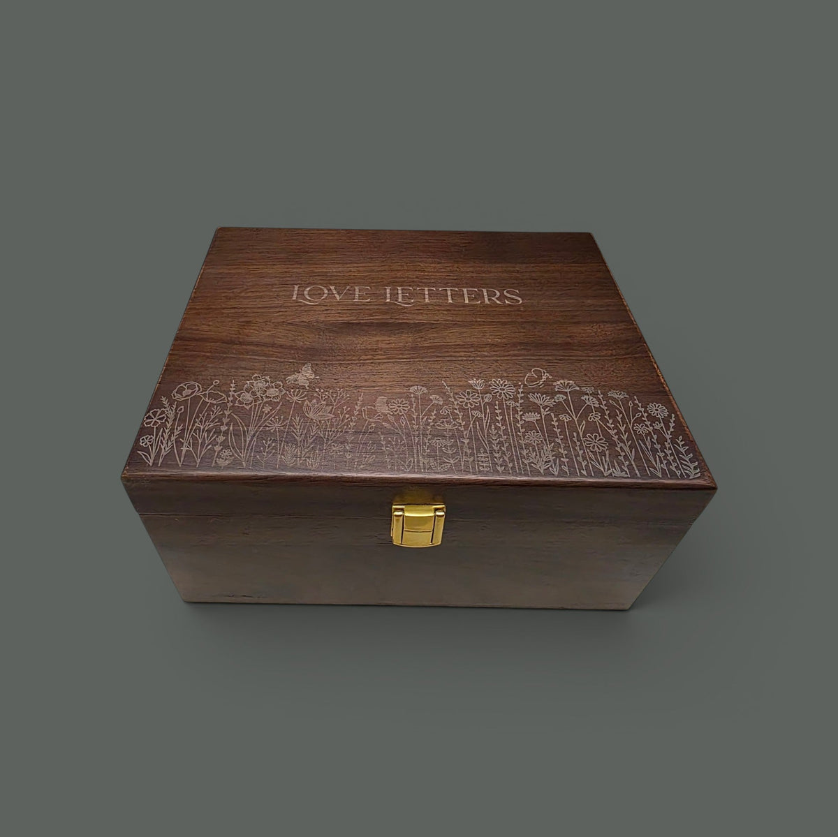 Newfashioned Relics dark walnut wooden keepsake box with engraved wildflower design and Love Letters text