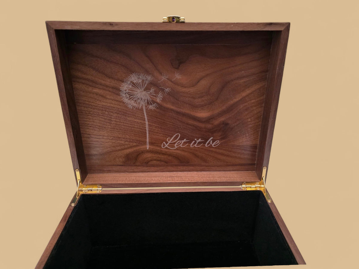 Newfashioned Relics walnut wooden keepsake box with engraved dandelion wildflower design and Let it be text