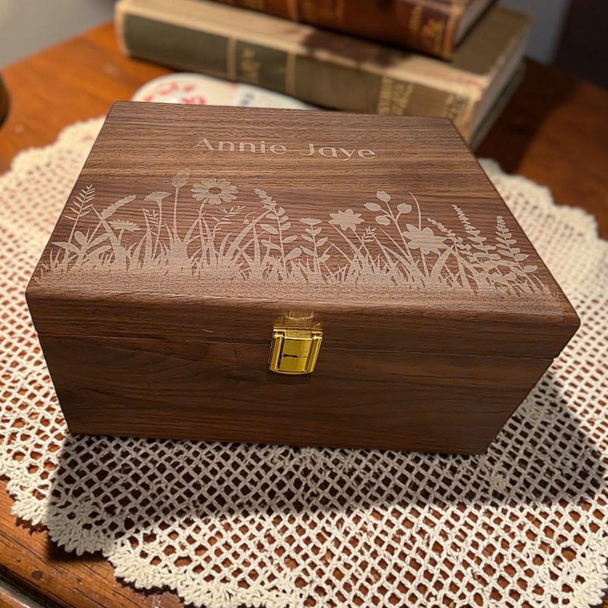 Newfashioned Relics personalized walnut wooden keepsake box with engraved wildflower design and custom name