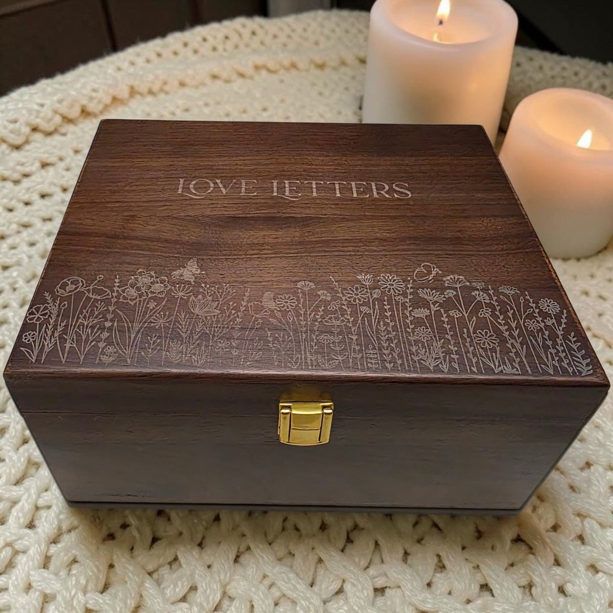Newfashioned Relics dark walnut wooden keepsake box with engraved wildflower design and Love Letters text