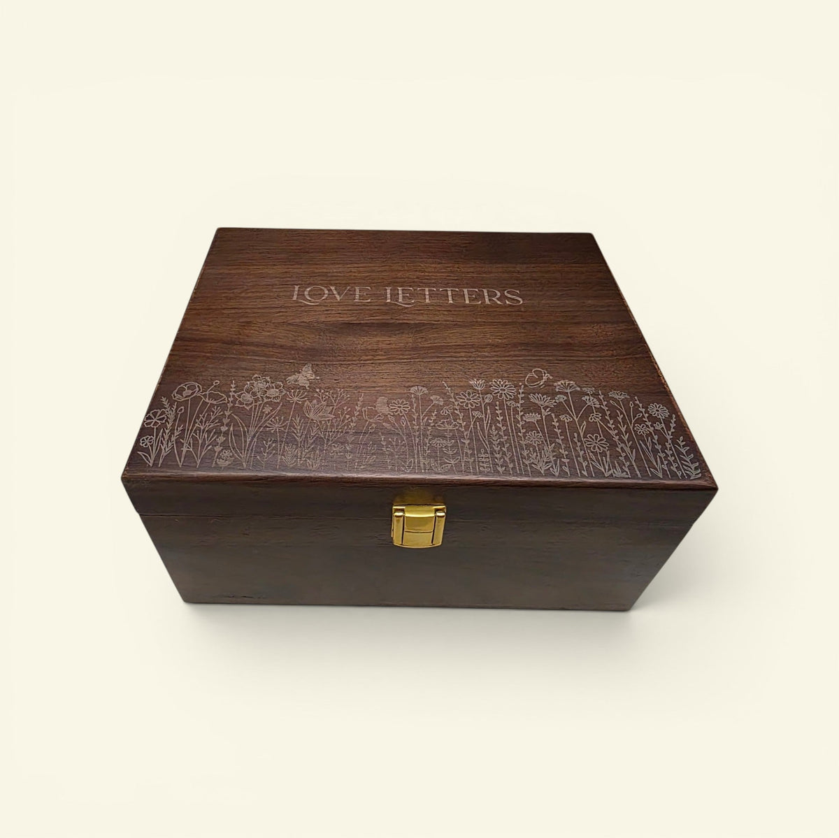 Newfashioned Relics dark walnut wooden keepsake box with engraved wildflower design and Love Letters text on lid