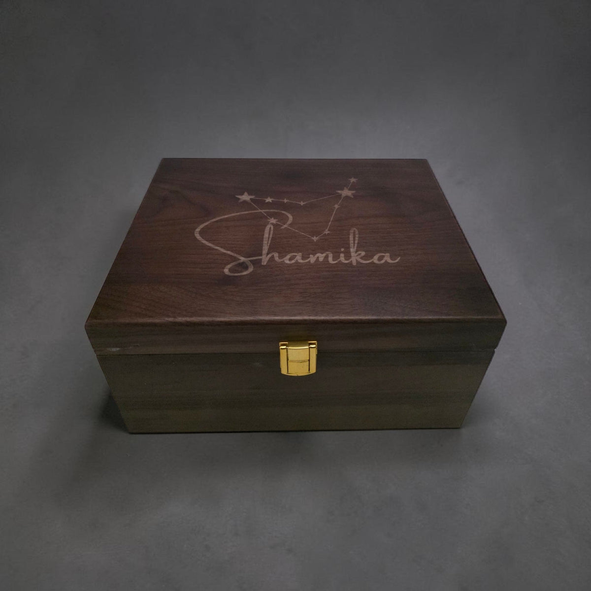 Newfashioned Relics personalized walnut wooden keepsake box with engraved zodiac constellation and name on lid