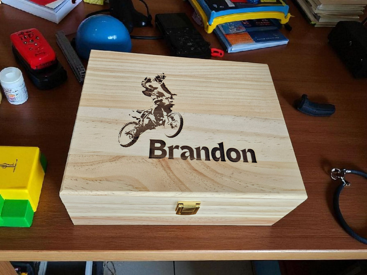 Newfashioned Relics personalized wooden keepsake box for boys featuring a motocross rider engraving and name Brandon
